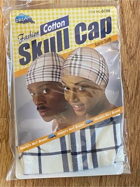Dream Cotton Skull Cap - Cream & Navy Plaid  6 Count New